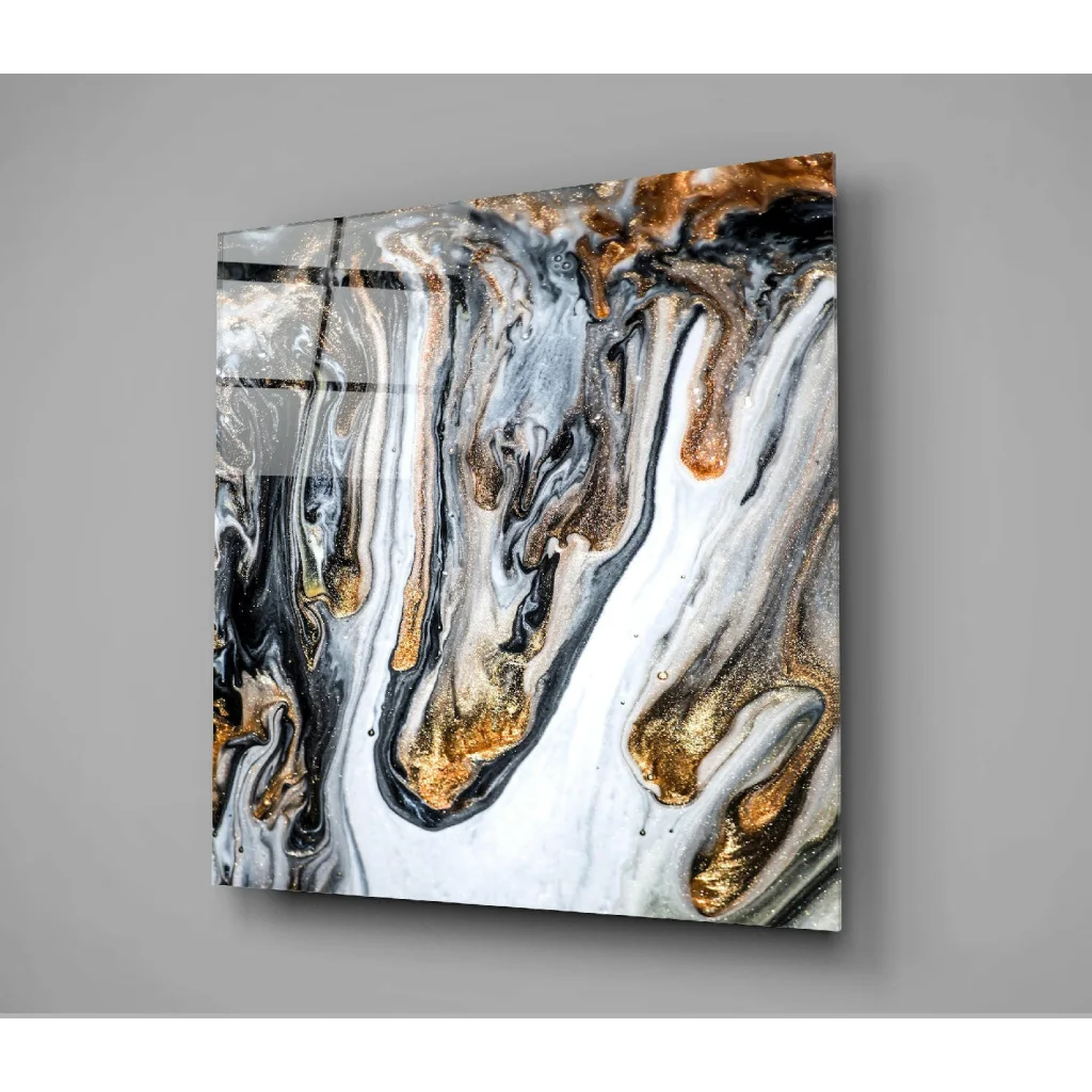Stunning gold marble glass wall art with swirling black and white patterns