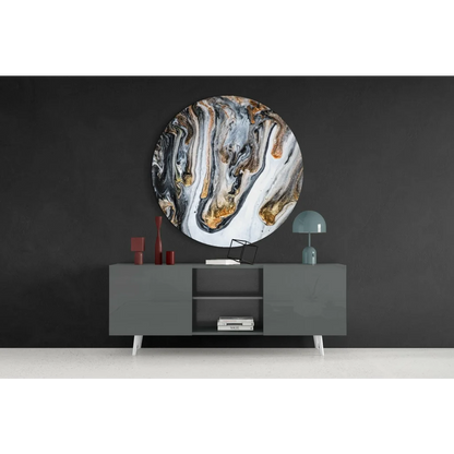 Stunning gold swirl tempered glass art circle with white black patterns