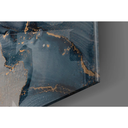 Swirling blue gold abstract canvas wall art with navy background and gold veining