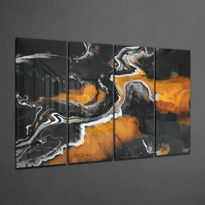 Swirling black orange white abstract four-panel wall art canvas