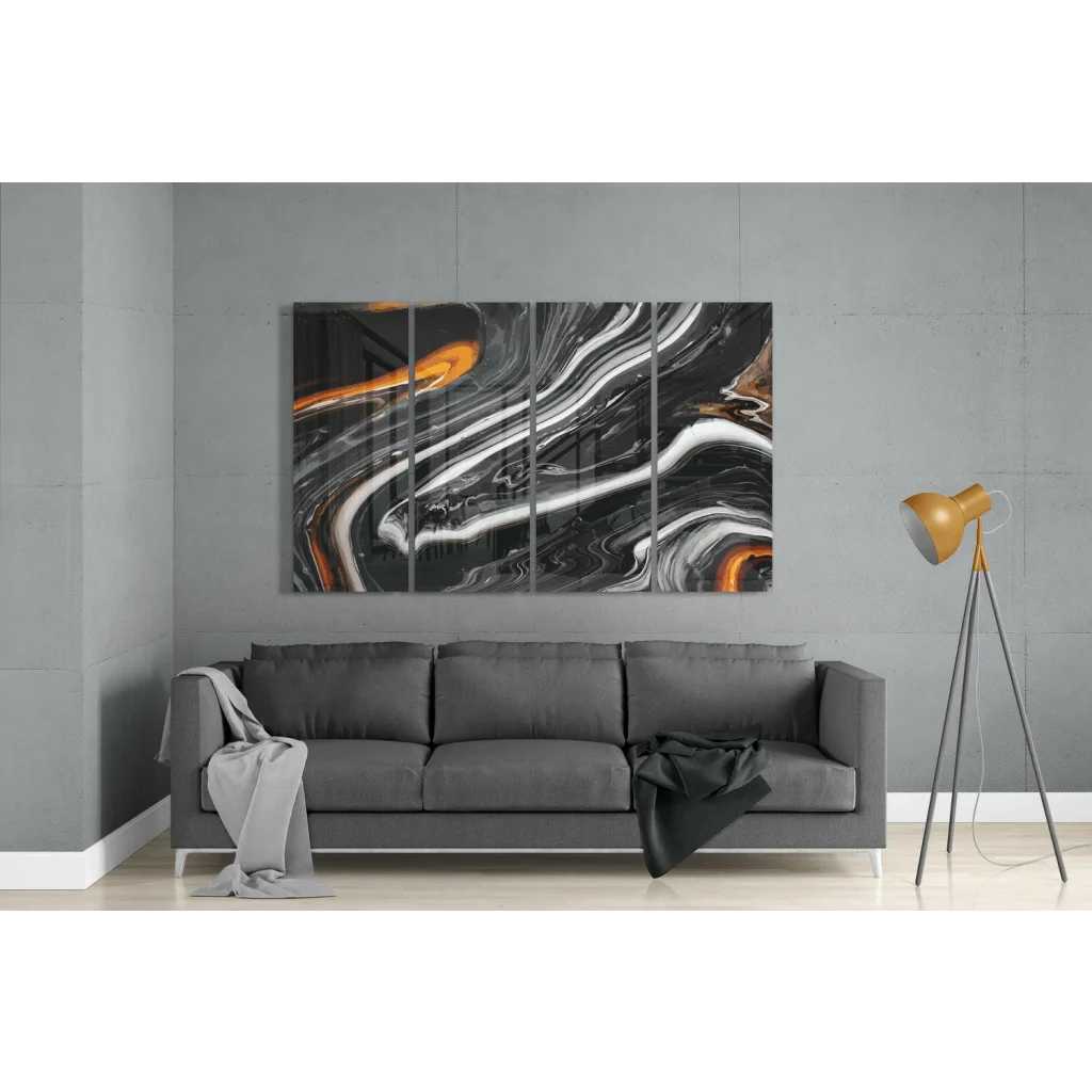Stunning orange marble glass wall art triptych in modern living room