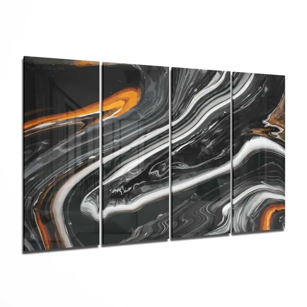 Stunning orange marble glass wall art triptych with swirling black, white patterns