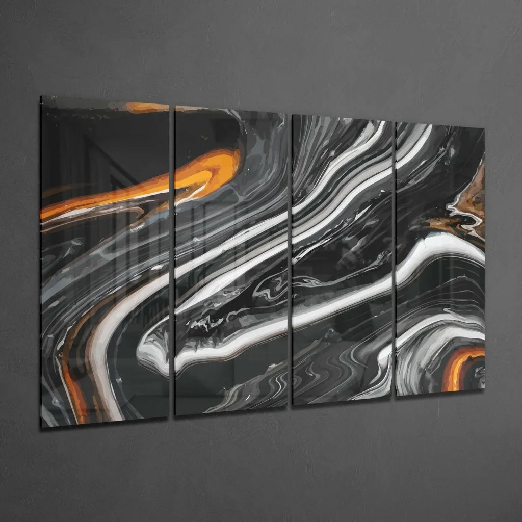 Stunning orange marble glass wall art triptych with swirling black, white patterns
