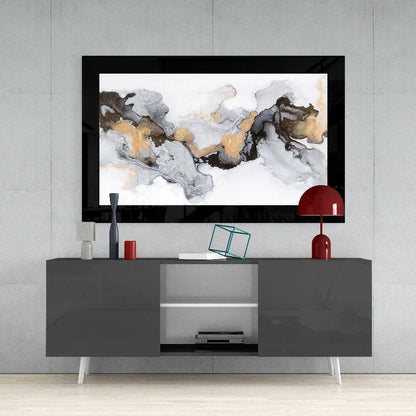 Swirling gold abstract canvas wall art with black frame