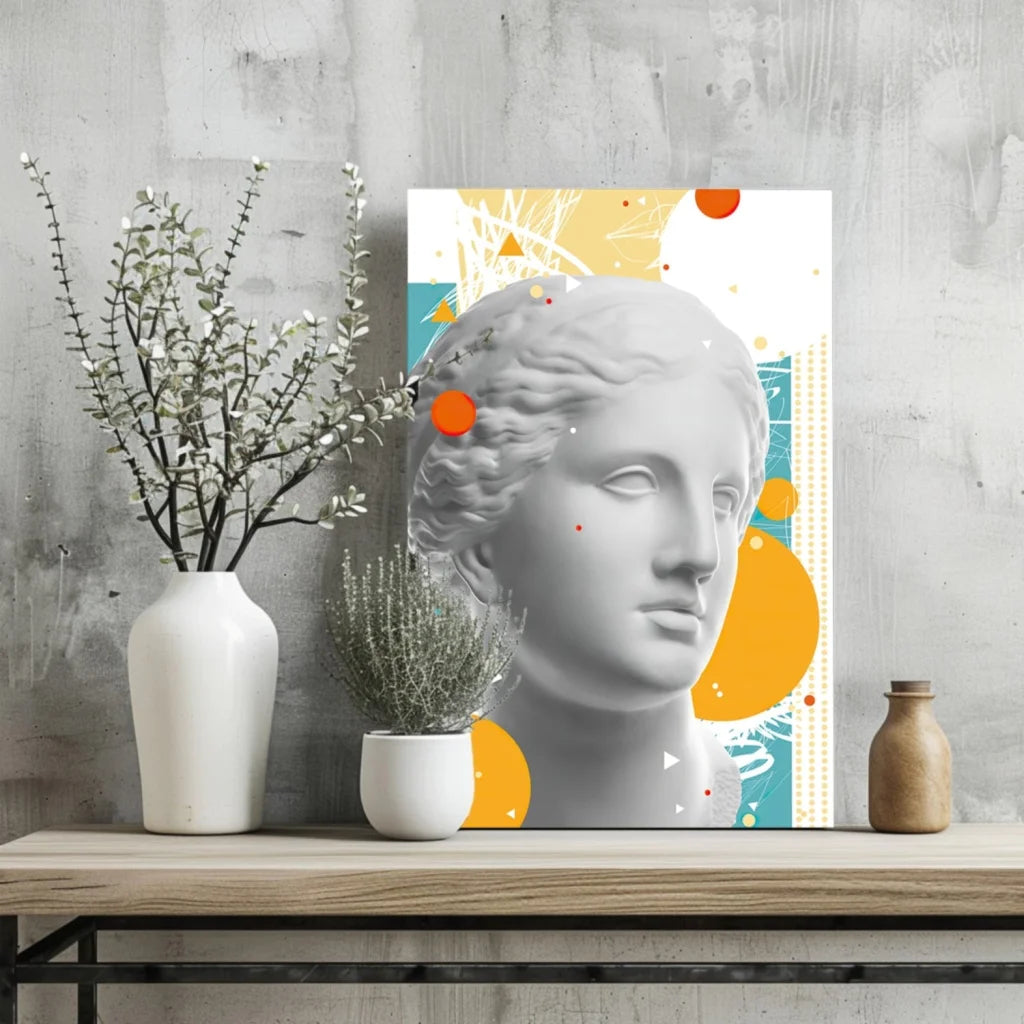 White marble statue head on canvas with bold orange yellow abstract art