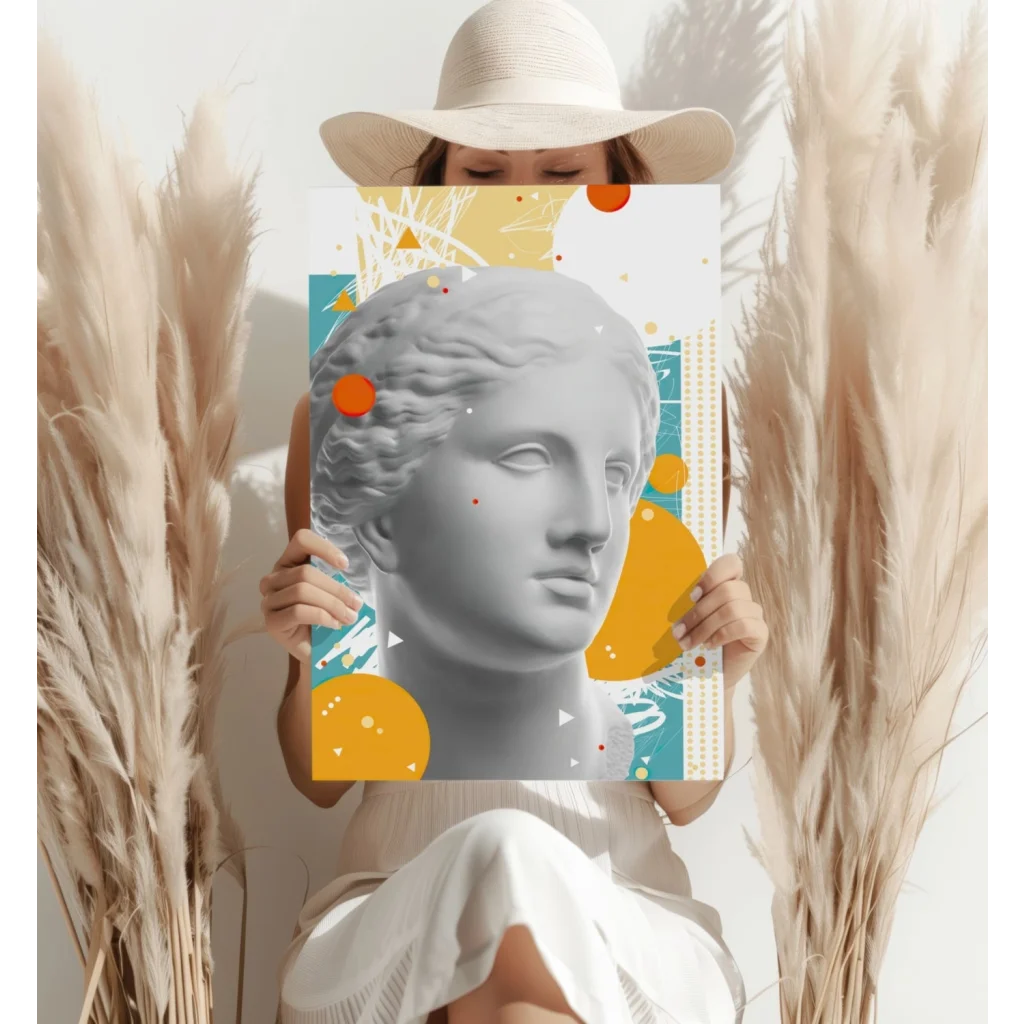 White Venus de Milo statue canvas with orange yellow abstract art