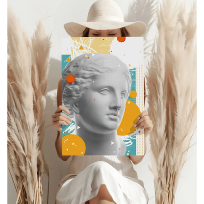 White Venus de Milo statue canvas with orange yellow abstract art