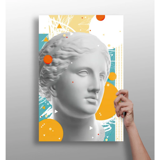 White marble statue head poster with bold orange yellow abstract art