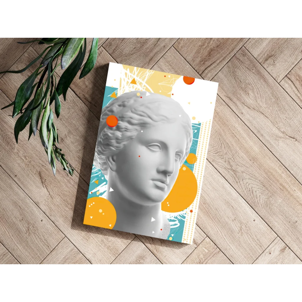 White marble statue canvas print with bold orange yellow abstract art