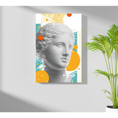 White marble statue head on bold orange yellow abstract canvas