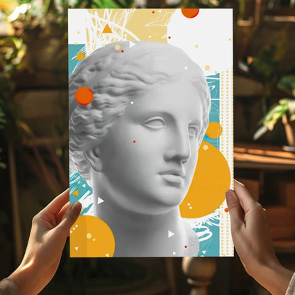 White marble statue head on bold orange yellow abstract canvas