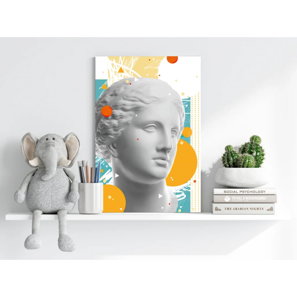 Gray elephant plush with orange accents on Marble Statue Canvas shelf
