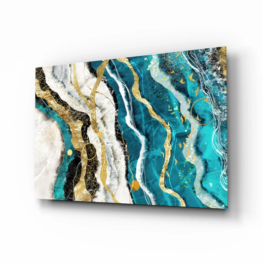 Swirling Teal Gold Marble Glass Wall Art with Metallic Shine | Insigneart USA | vintageantiquesgifts.com