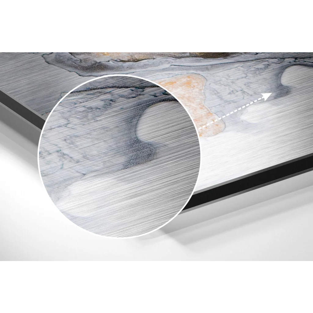 Stunning brushed aluminium dibond abstract marble wall art with swirling gray, white, and beige patterns