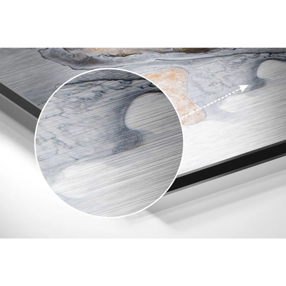 Stunning brushed aluminium dibond abstract marble wall art with swirling gray, white, and beige patterns