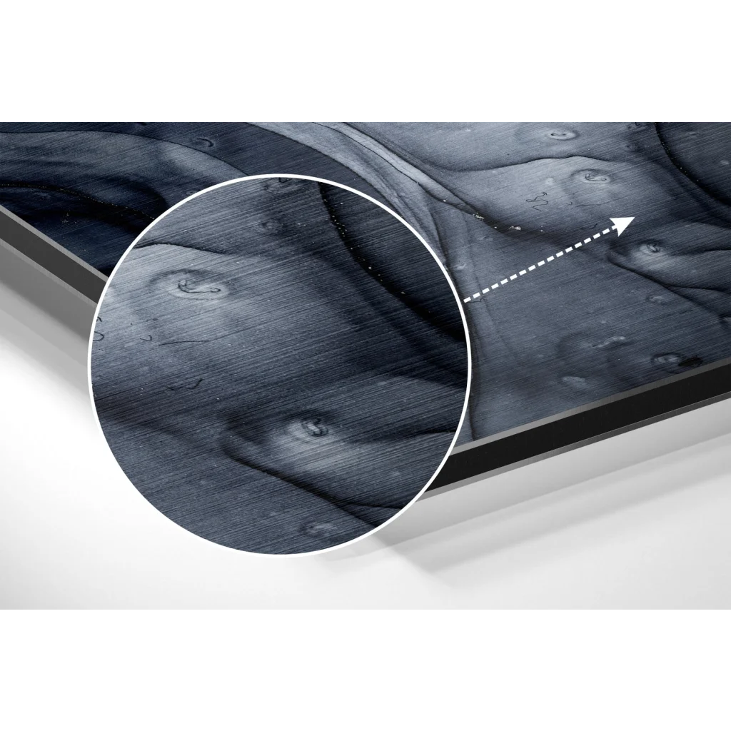 Stunning brushed aluminium dibond abstract wall art with dark gray textured surface and circular indentations