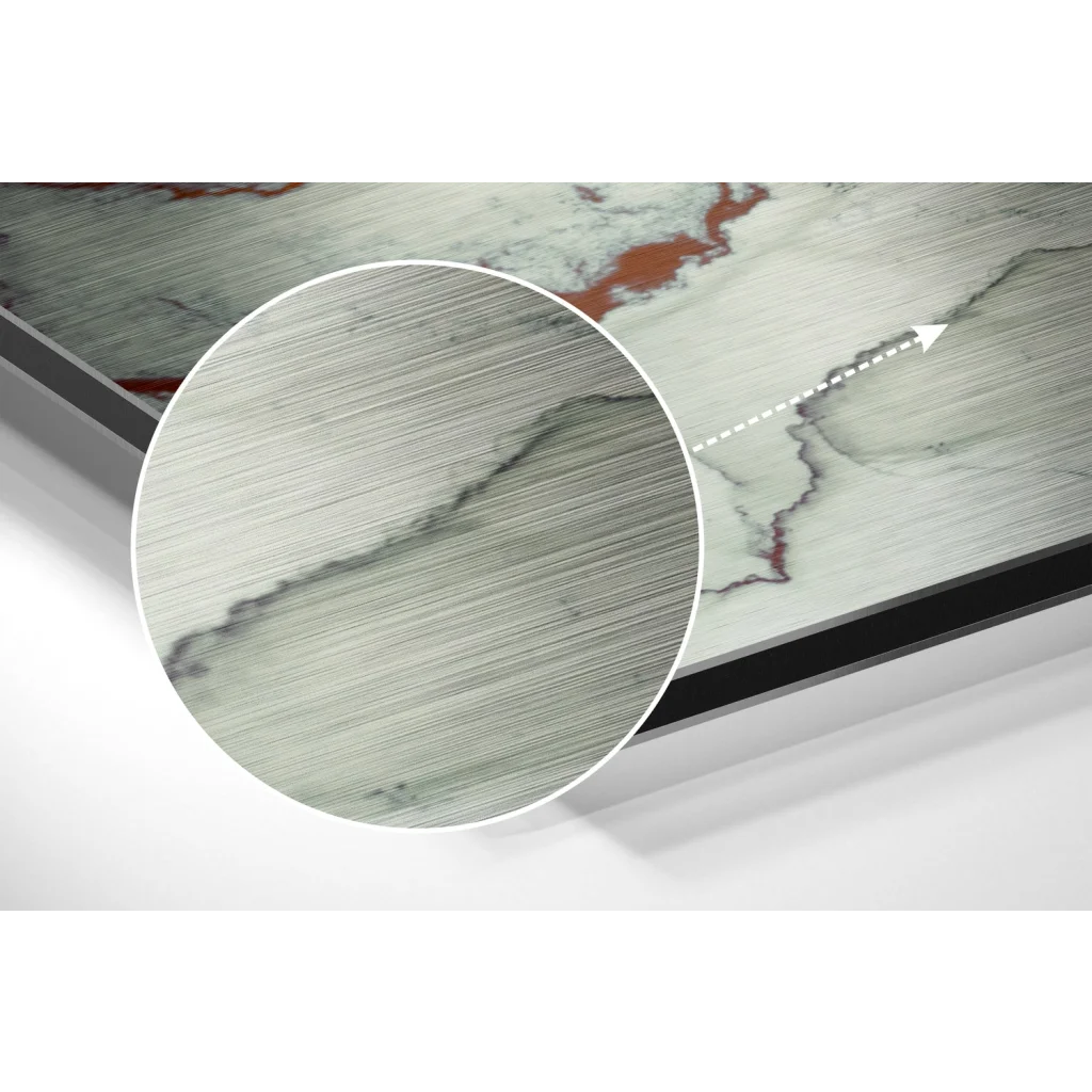 Sleek gray white marble art with red veins on brushed aluminium dibond print