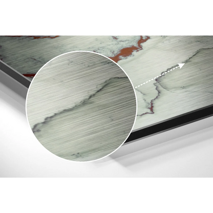 Sleek gray white marble art with red veins on brushed aluminium dibond print