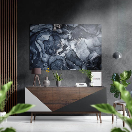 Abstract black and white marbled art on brushed aluminium dibond above wooden console