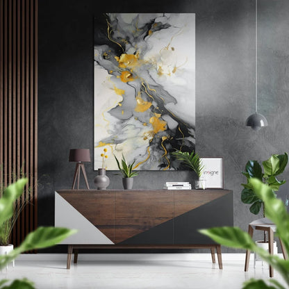 Stunning brushed aluminium dibond wall art with swirling black, white, gold marbled patterns