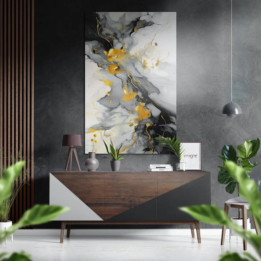 Stunning brushed aluminium dibond wall art with swirling black, white, gold marbled patterns