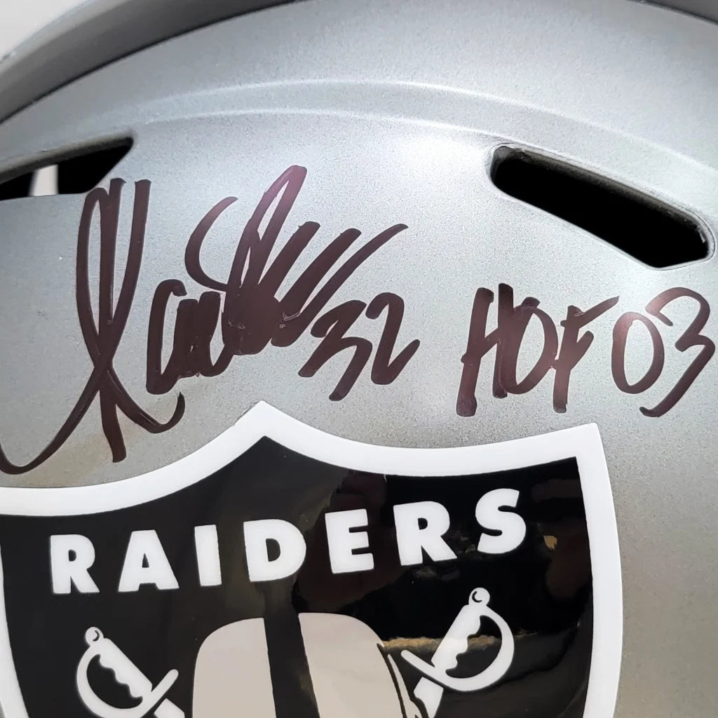 Marcus Allen autographed silver Oakland Raiders helmet with HOF inscription