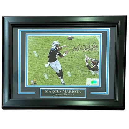 Autographed Marcus Mariota 8x10 photo from first NFL game, black frame
