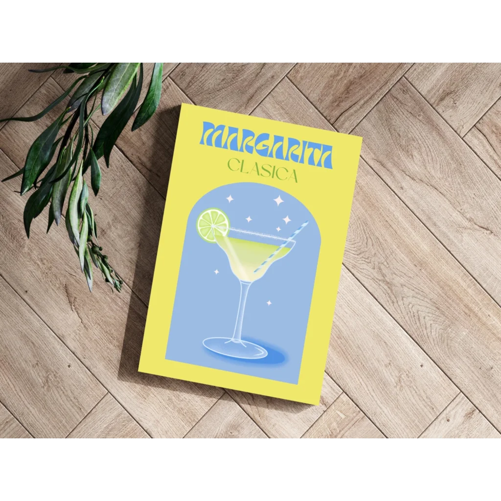 Margarita Clasica Insigne Aluminum Print of bright yellow poster with starry margarita illustration