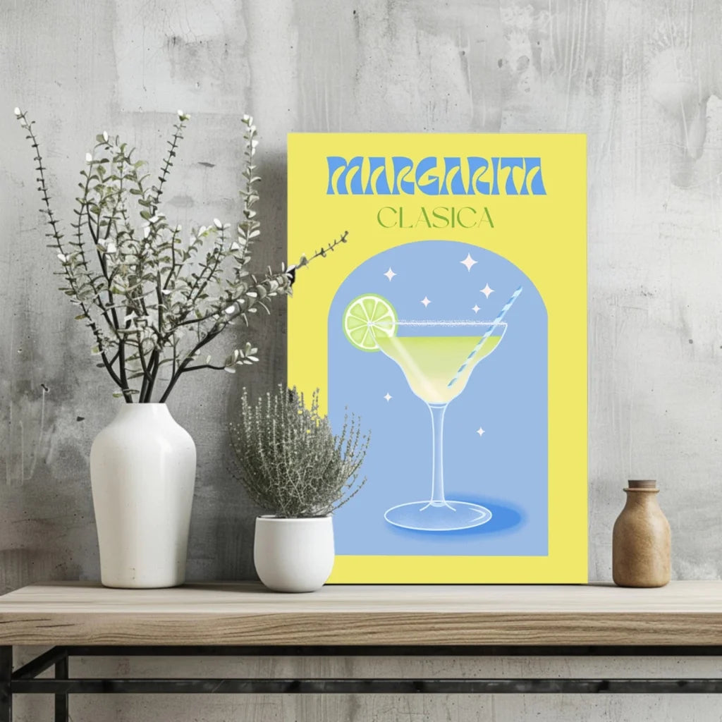 Vibrant Margarita Clasica insigne aluminum print with yellow poster and lime garnish