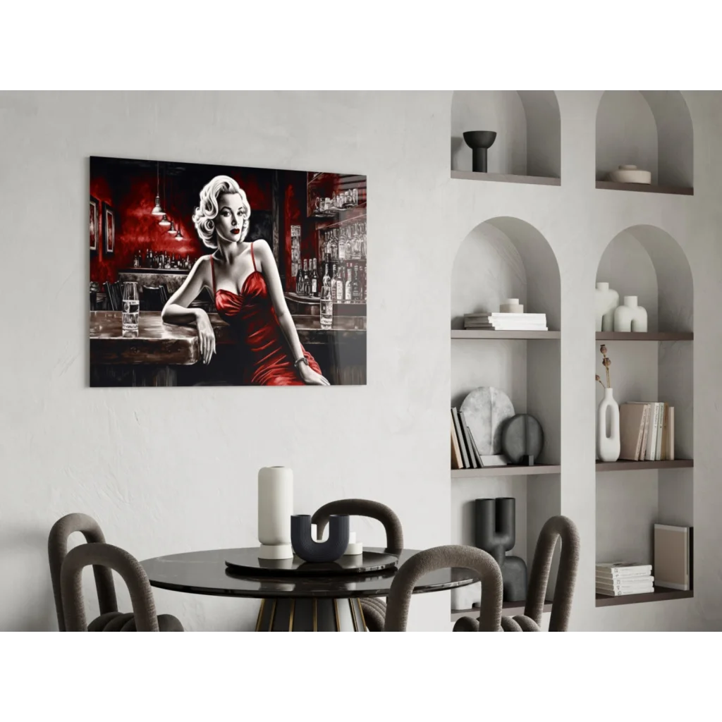 Glamorous red satin Marilyn Monroe dress in bar scene wall art print