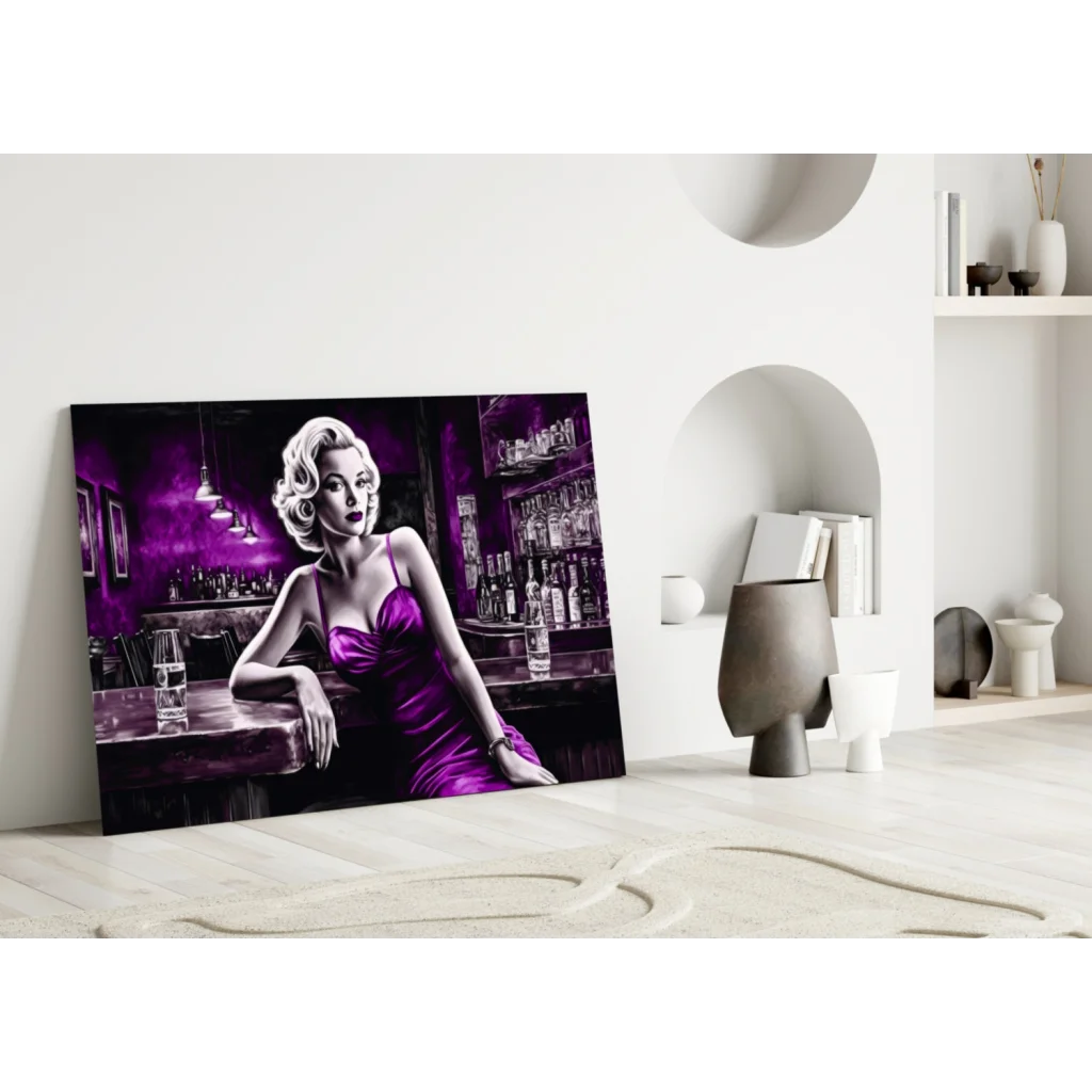 Blonde woman in purple satin dress, glass wall art bar scene print