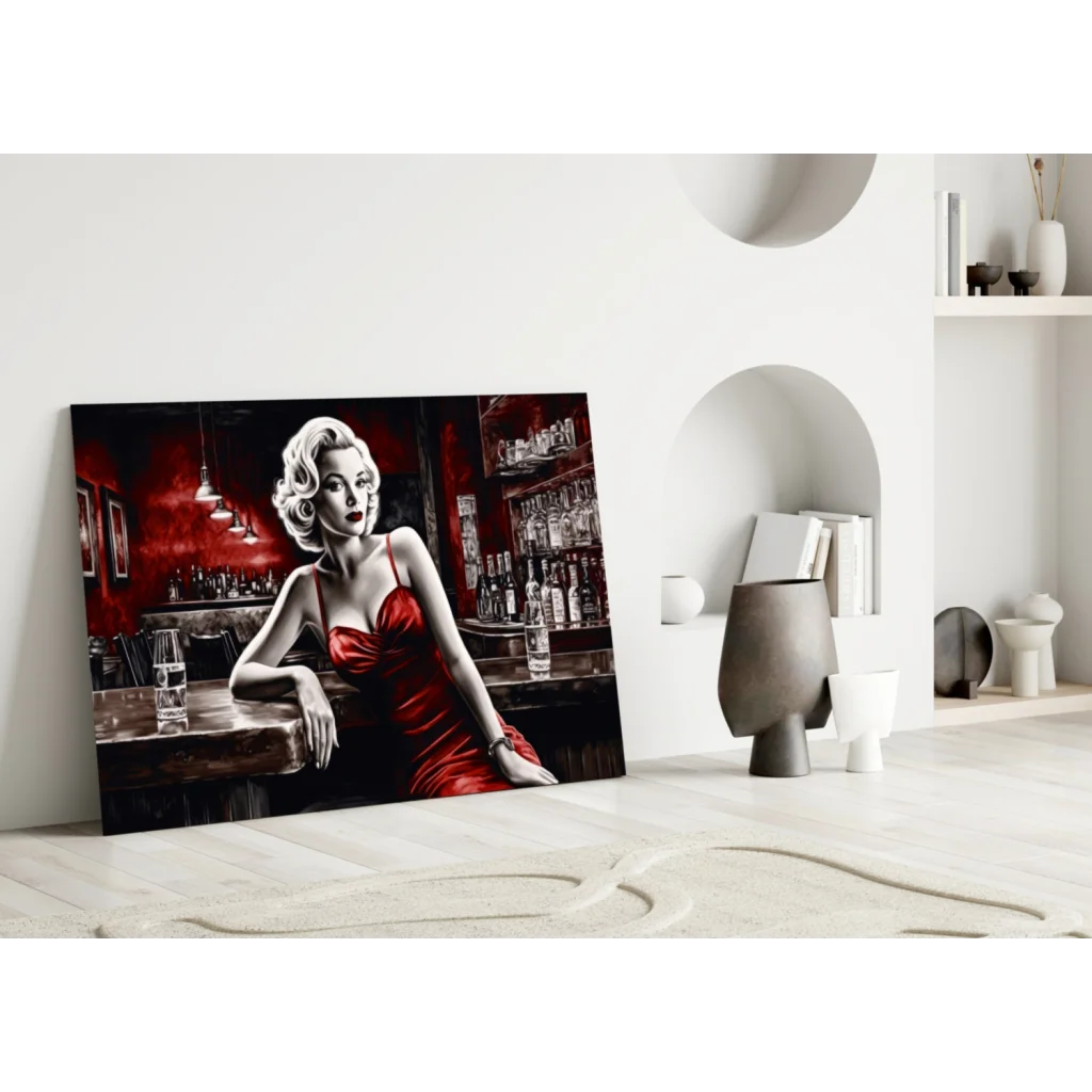 Stylized Marilyn Monroe in red satin dress bar scene wall art print