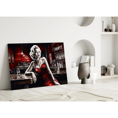 Stylized Marilyn Monroe in red satin dress bar scene wall art print