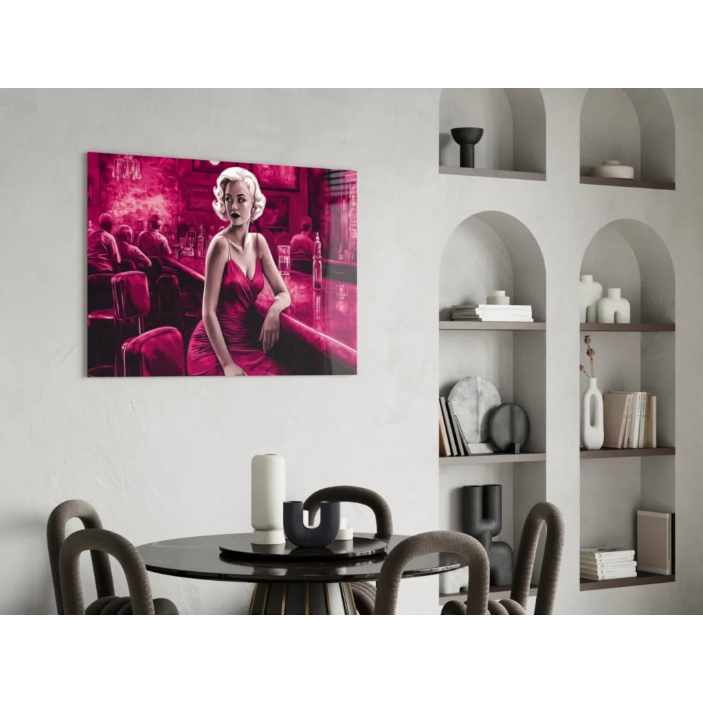 Vibrant Marilyn Monroe red dress bar scene glass wall art canvas print