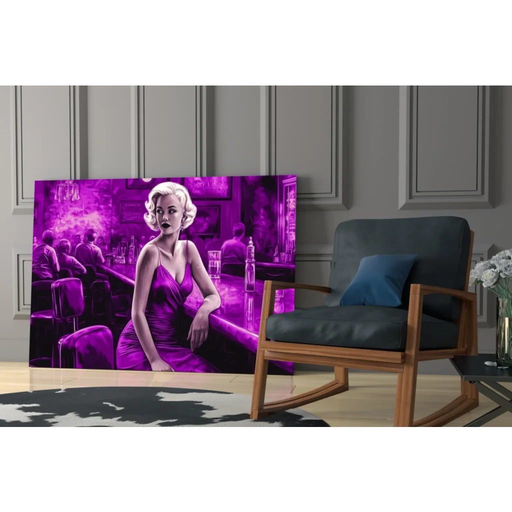 Vibrant purple glass wall art of glamorous woman in elegant dress at bar