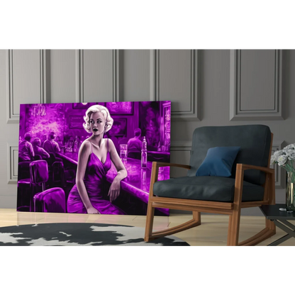 Vibrant purple glass wall art of glamorous woman in elegant dress at bar
