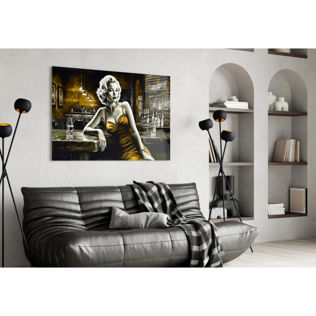 Glamorous gold dress bar scene glass wall art canvas print