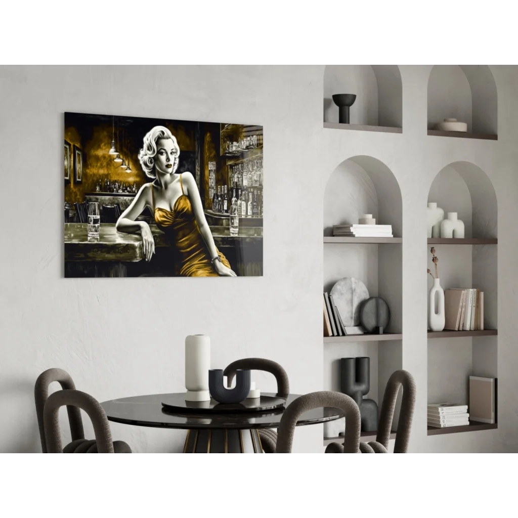Glamorous gold dress woman in bar scene glass wall art canvas print