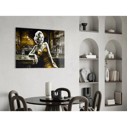 Glamorous gold dress woman in bar scene glass wall art canvas print