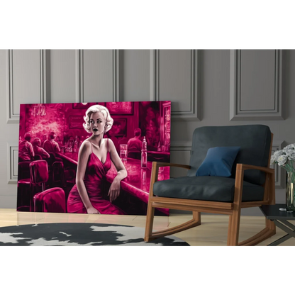 Vibrant Marilyn Monroe in red dress bar scene glass wall art canvas print