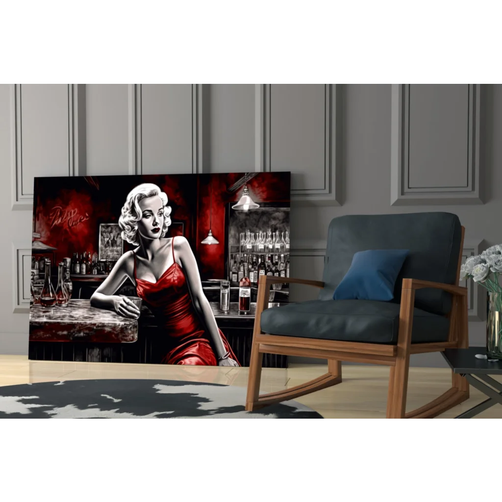 Stylized Marilyn Monroe in red satin dress bar scene wall art canvas print