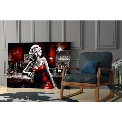 Stylized Marilyn Monroe in red satin dress bar scene wall art canvas print