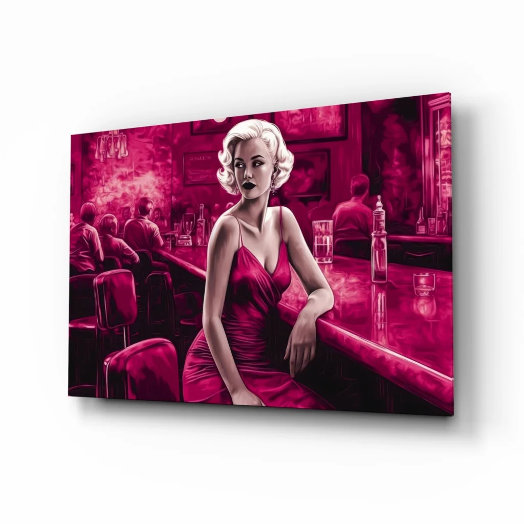 Marilyn Monroe Red Dress Bar Scene Glass Wall Art Canvas Print | Insigneart USA | vintageantiquesgifts.com