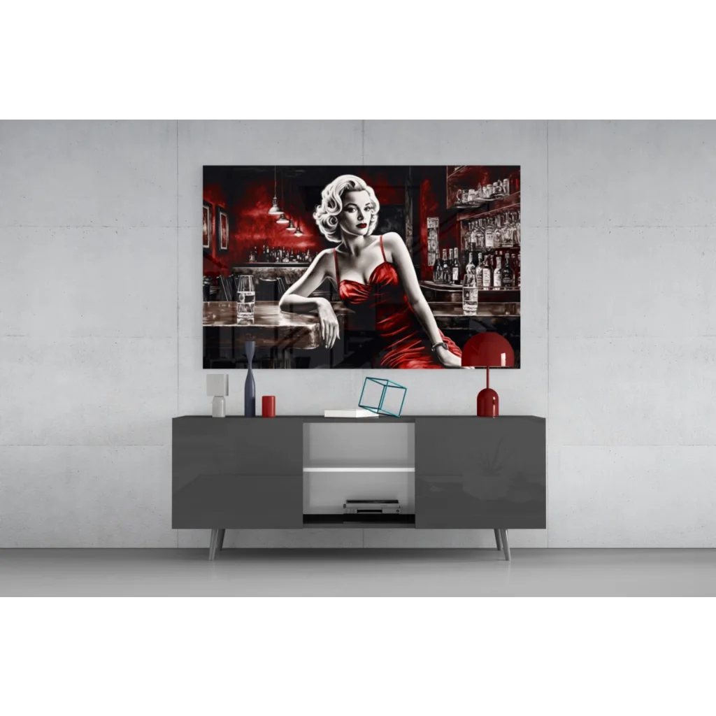 Glamorous red dress woman at bar, striking red black wall art print