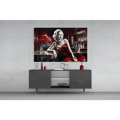Glamorous red dress woman at bar, striking red black wall art print