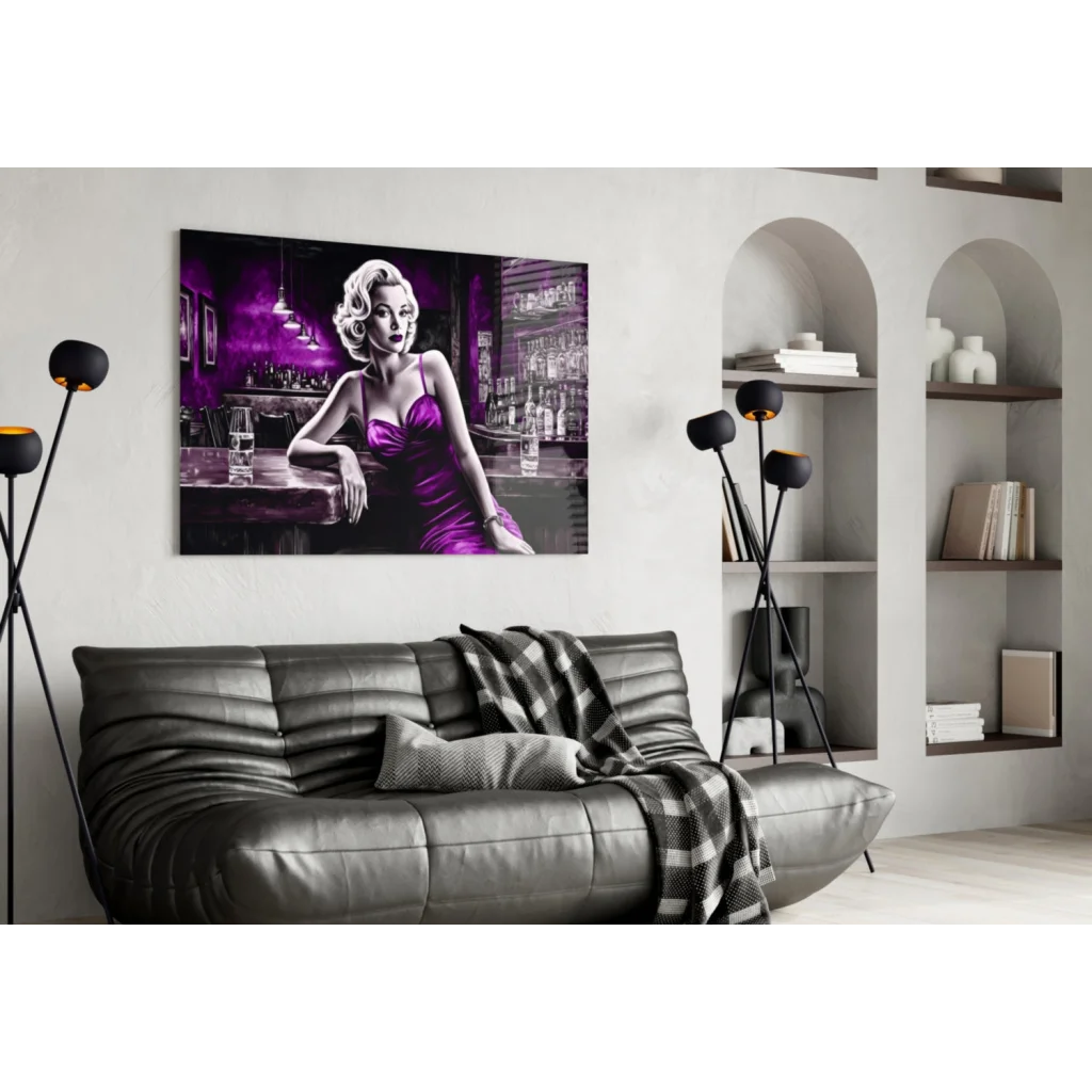 Vibrant purple Marilyn Monroe glass wall art canvas print in satin gown at bar