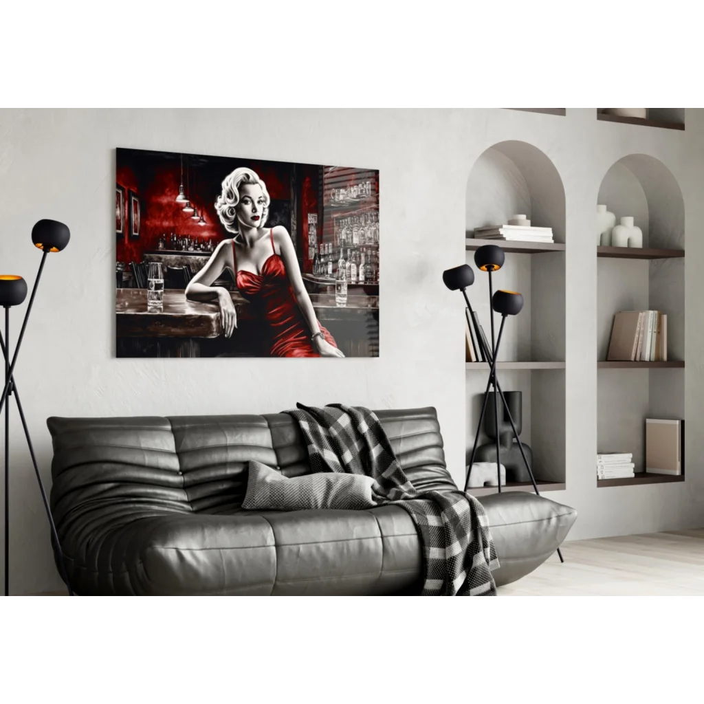 Glamorous blonde in red dress pop art on glass wall art canvas