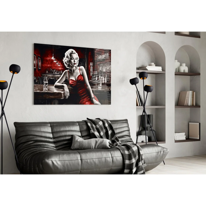 Glamorous blonde in red dress pop art on glass wall art canvas
