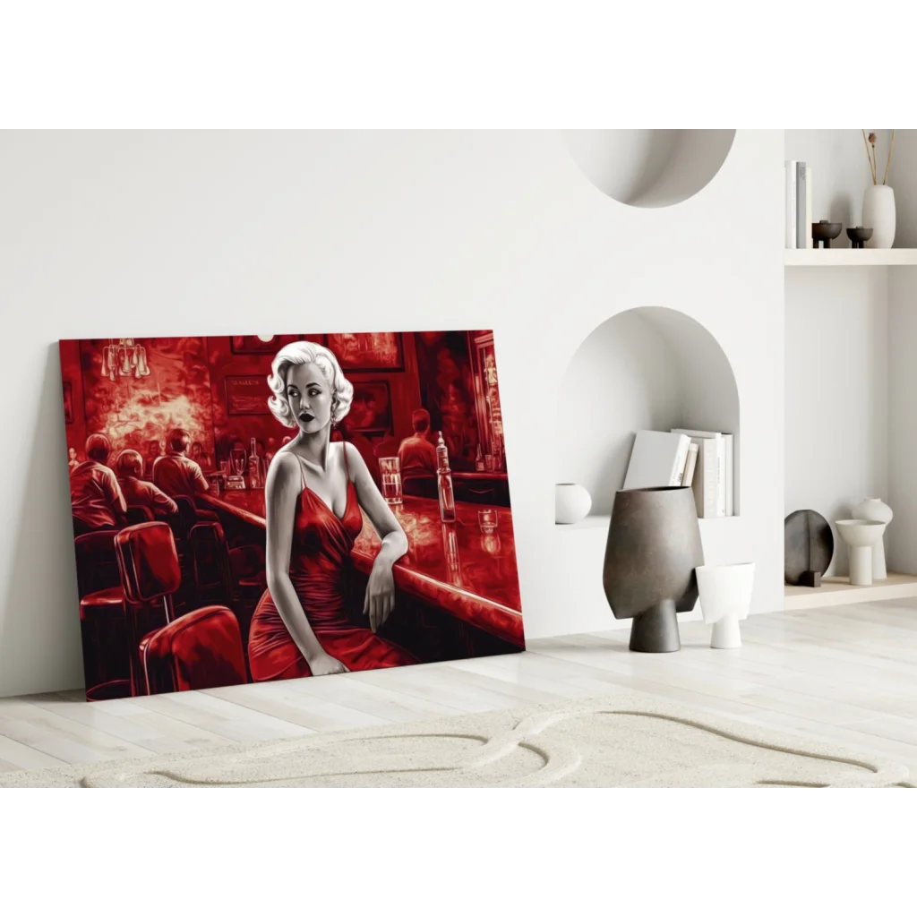 Vibrant red woman in elegant dress at bar, glass wall art canvas print