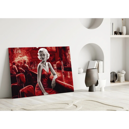 Vibrant red woman in elegant dress at bar, glass wall art canvas print